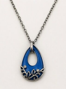 Blue Teardrop Pendant Necklace Silver Tone Floral Crystal Accents